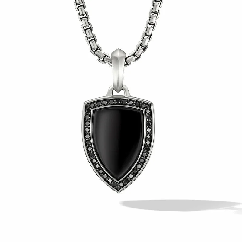 Affordable gold engagement ring for women-David Yurman Gents Shield Amulet with Black Onyx and Pave Black Diamonds