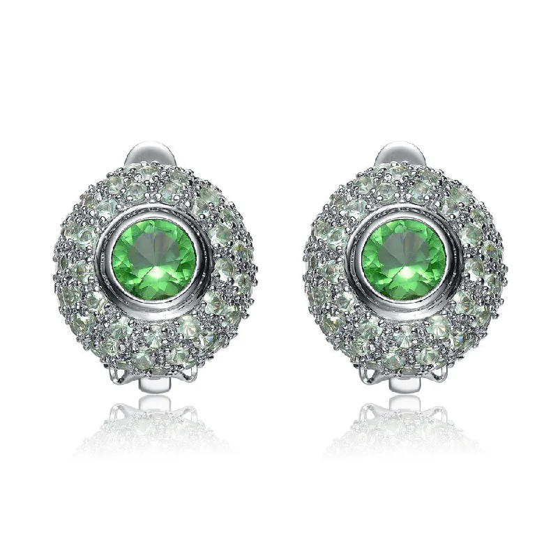 Silver earrings for women-Sterling Silver Green and Clear Cubic Zirconia Button Ring Earrings