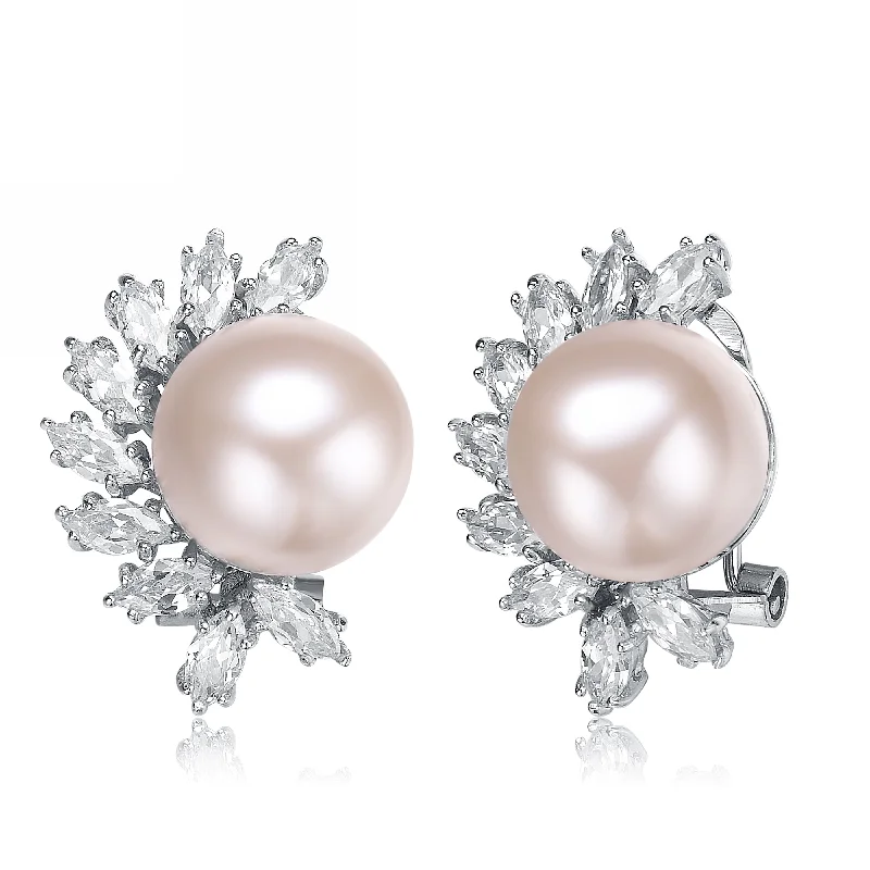 Diamond dangle earrings for women-C.Z. Sterling-Silver Faux-Pearl and Cubic Zirconia Stud Last Pair Earrings with Omega Clasp