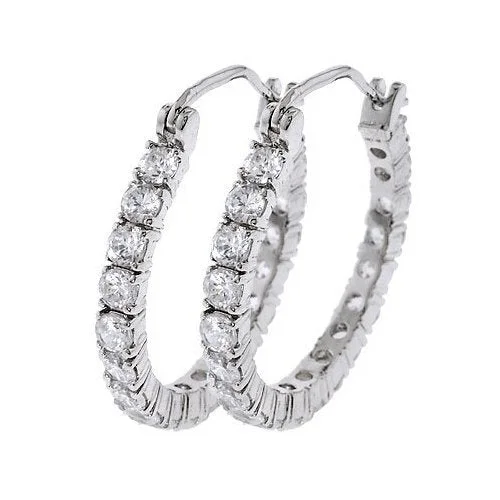 Clear crystal earrings for women-Sterling Silver Clear White Cubic Zirconia Hoop Style Earrings