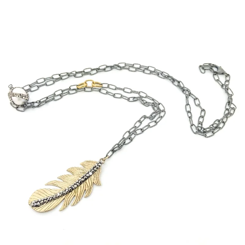 Special occasion necklace for women-Antiqued Sterling Silver Feather & Marcasite Necklace