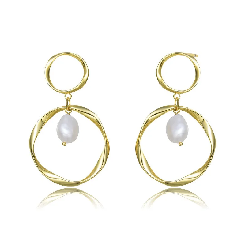 Bridal stud earrings for women-Brigitte Double Golden Ribbon Maxi Pearl Earring