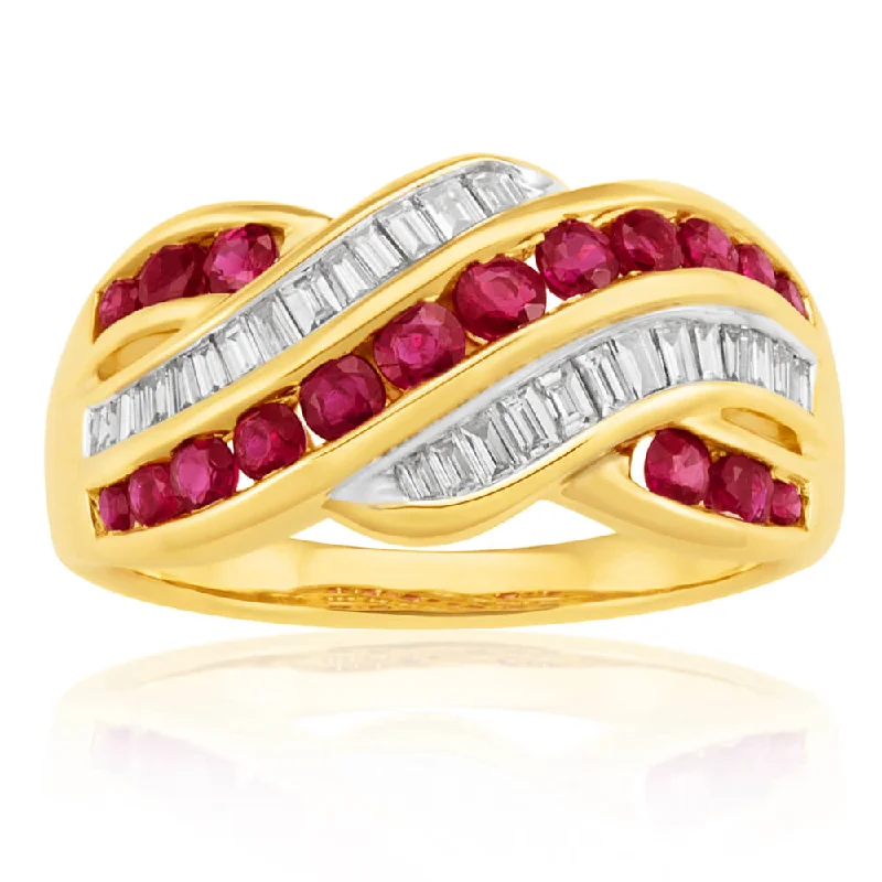 Engagement ring with halo for women-9ct Yellow Gold Natural Ruby 0.93ct and 1/3 Carat Diamond Wave Ring