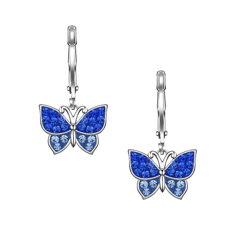 Gold hoop earrings for women-Crystal Butterfly Leverback Dangle Earrings - Blue