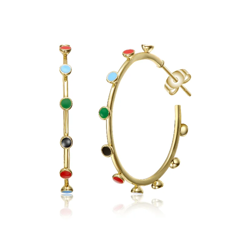 Dangling gemstone earrings for women-Sterling Silver 14k Gold Plated Multi-Color Enamel C-Hoop Earrings