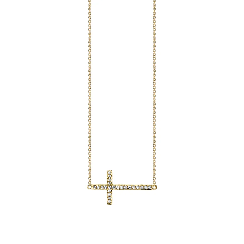 Wedding necklace set for women-Gold & Pavé Diamond Medium Sideways Cross Necklace