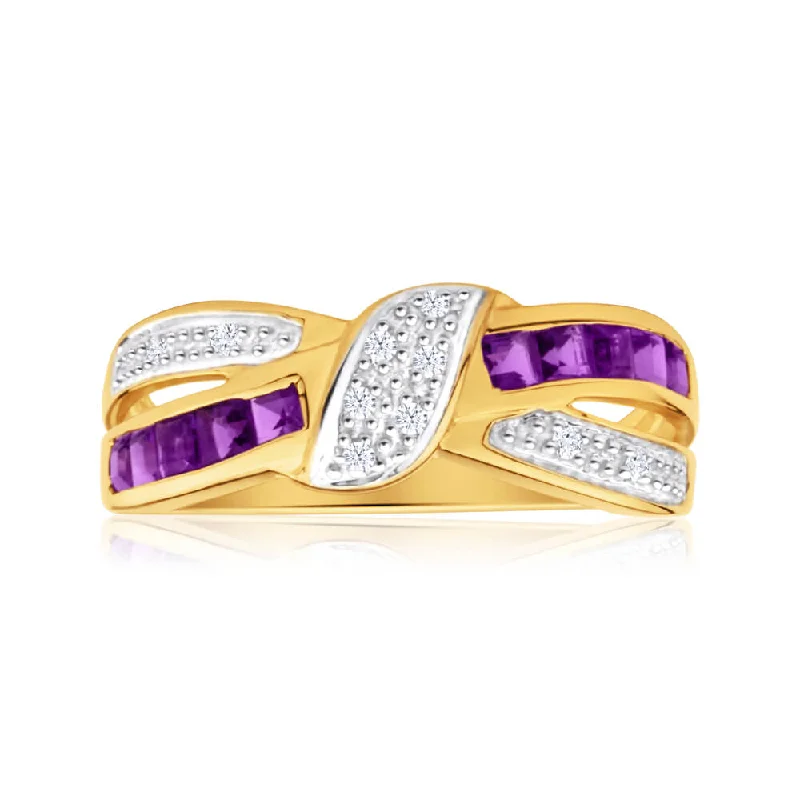 Designer diamond engagement ring for women-9ct Yellow Gold Amethyst and 10 Diamond Cross Over Ring