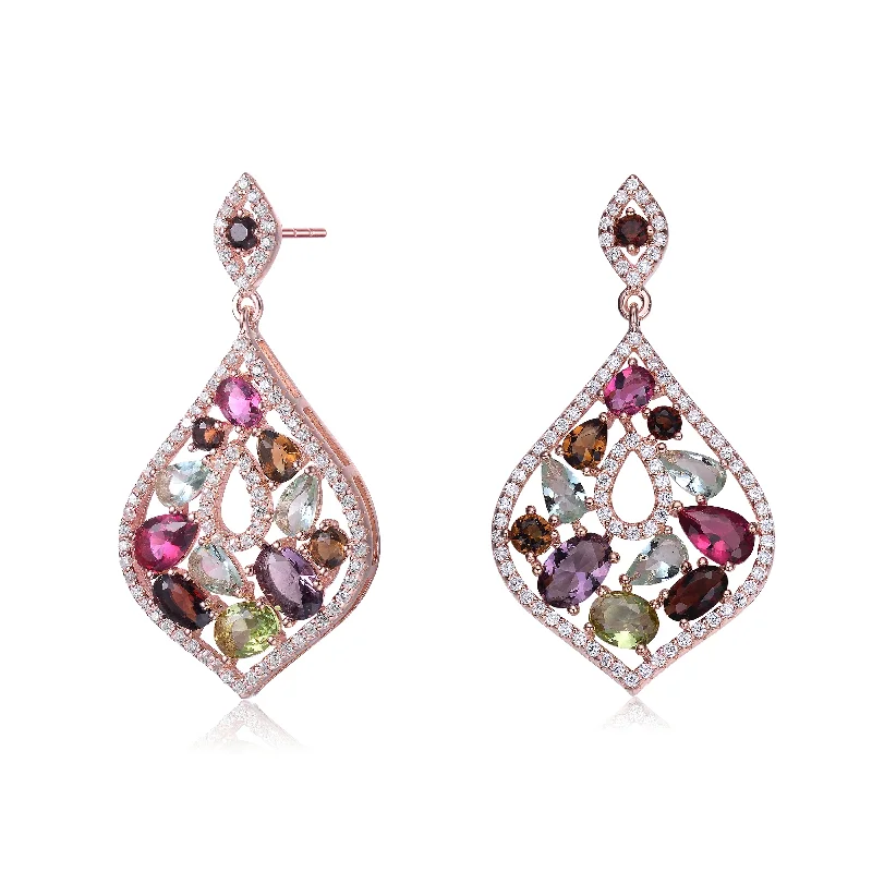 Wedding earrings for women-Sterling Silver 18K Rose Gold Plated Multi Colored Cubic Zirconia Accent Dangle Earrings