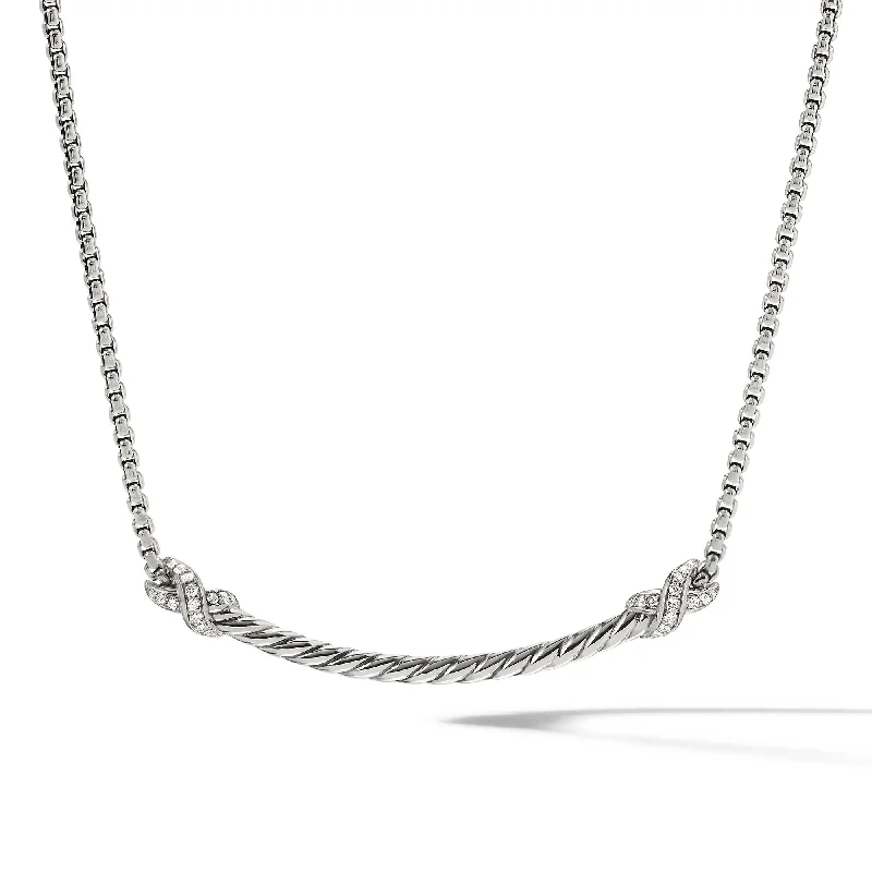 Simple pendant necklace for women-Petite X Bar Station Necklace in Sterling Silver with Diamonds\, 47.7mm