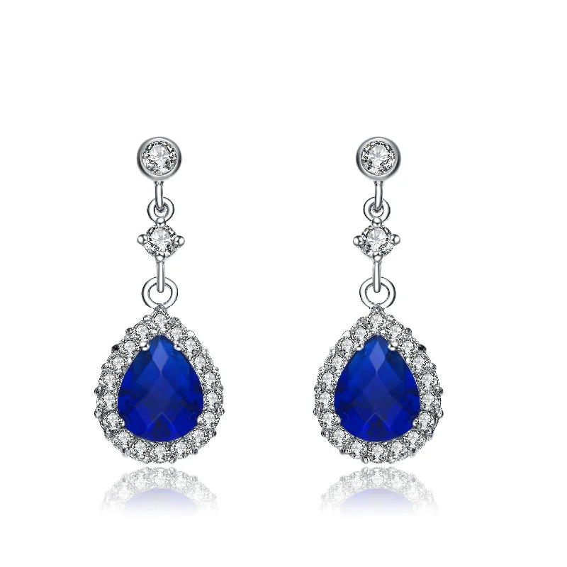 Colored crystal earrings for women-Sterling Silver Deep Blue Cubic Zirconia Oval Solitaire with Halo Last Pair Earrings