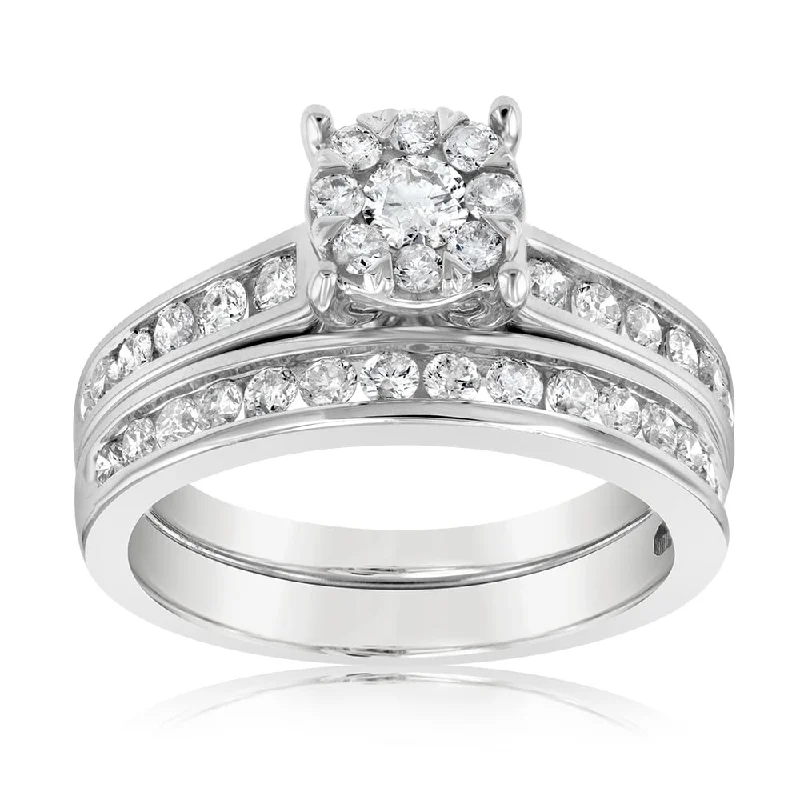 Diamond wedding ring for women-9ct White Gold 1 Carat Diamond Bridal Set Ring with Halo Setting