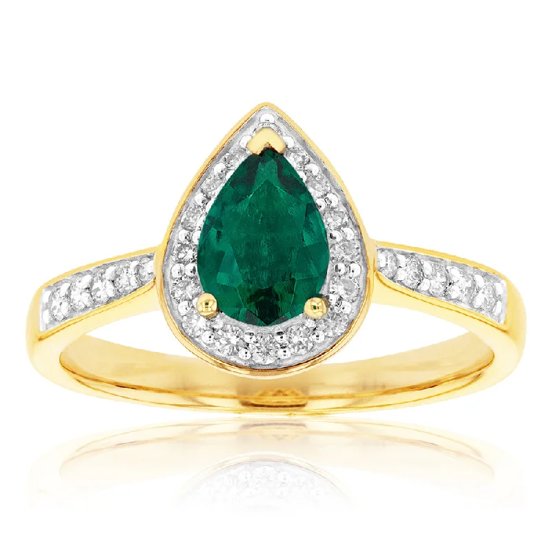 Platinum solitaire engagement ring for women-9ct Yellow Gold Created Emerald and 1/5 Carat Diamond Pear Halo Ring