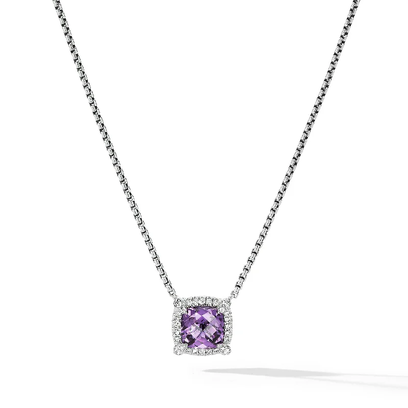 Statement piece necklace for women-Petite Chatelaine® Pavé Bezel Pendant Necklace in Sterling Silver with Amethyst and Diamonds\, 7mm