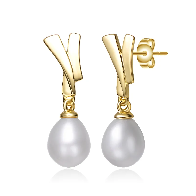 Simple earrings for women-Delphine Golden Ribbons Pearl Earrings