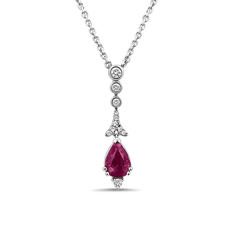 Birthstone and diamond necklace for women-Pear Shaped Ruby and Diamond Drop Pendant