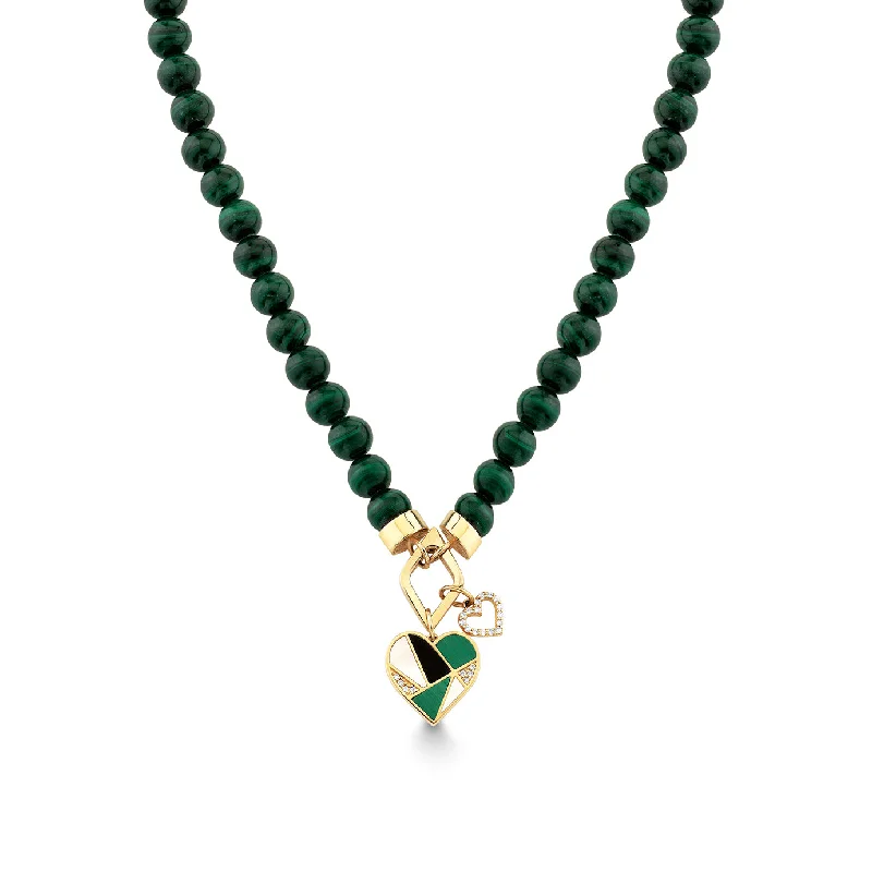 Diamond eternity necklace for women-Gold & Diamond Mosaic Heart Malachite Necklace