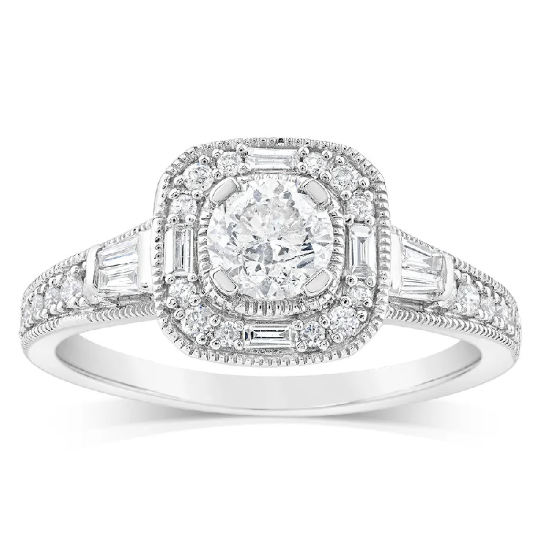 Round cut diamond engagement ring for women-9ct White Gold Fancy Cushion Shaped Ring in 3/4 Carat Natural Diamonds