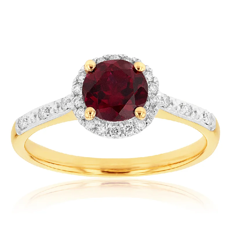 Engagement ring with side stones for women-9ct Yellow Gold Created Ruby 1/10 Carat Diamond Halo Ring