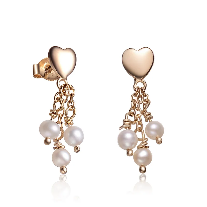 Long drop earrings for women-Sterling Silver Gold Plated Heart Shape Pearl Drop Earrings