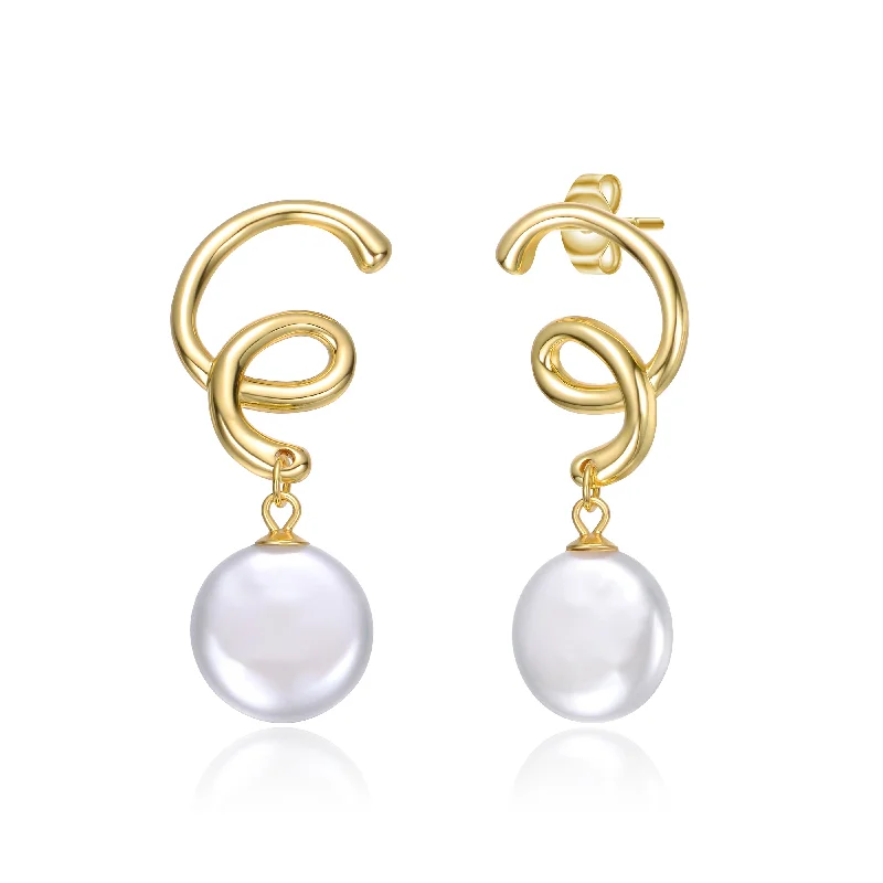 Fashionable hoop earrings for women-14k Gold Plated Spiral Freshwater Pearl Dangle Earrings