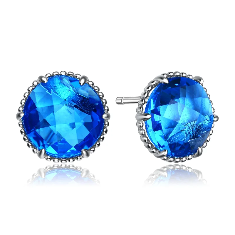 Heart earrings for women-Sterling Silver Blue Round Cubic Zirconia Earring