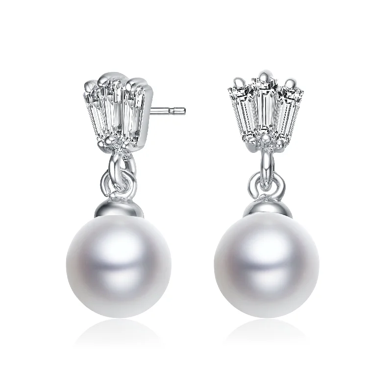 Chunky earrings for women-Sterling Silver with Rhodium Plated White Round Freshwater Pearl with Clear Baguette Cubic Zirconia Drop Earrings