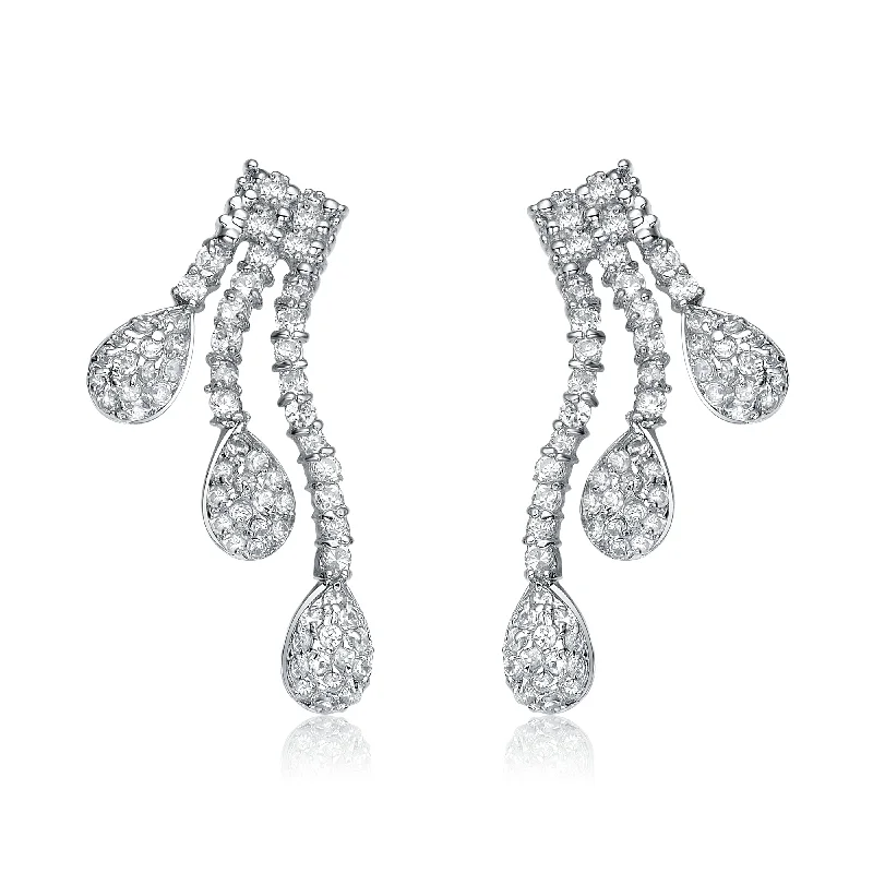 Elegant drop earrings for women-Sterling Silver Twisted Strings White Cubic Zirconia Drop Earrings