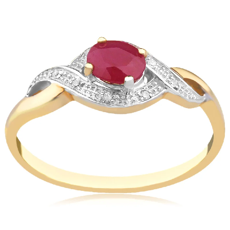 Emerald engagement ring for women-Created Oval Shape Ruby 5x4mm With Diamonds in 9ct Yellow Gold