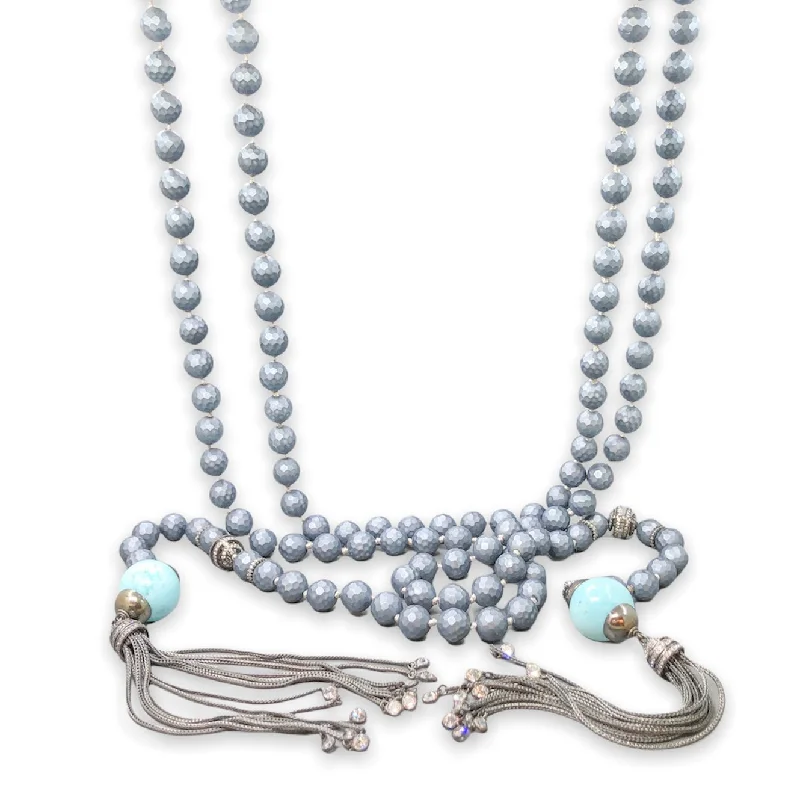 Adjustable necklace for women-SS CZ, Turquoise, & Resin Beaded 62” Lariat Necklace