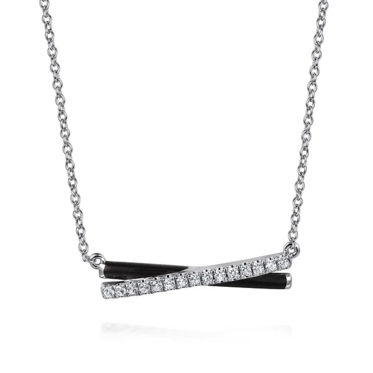 Silver necklace for women-SS 0.18ctw White Sapphire and Black Enamel Criss Cross Bar Necklace