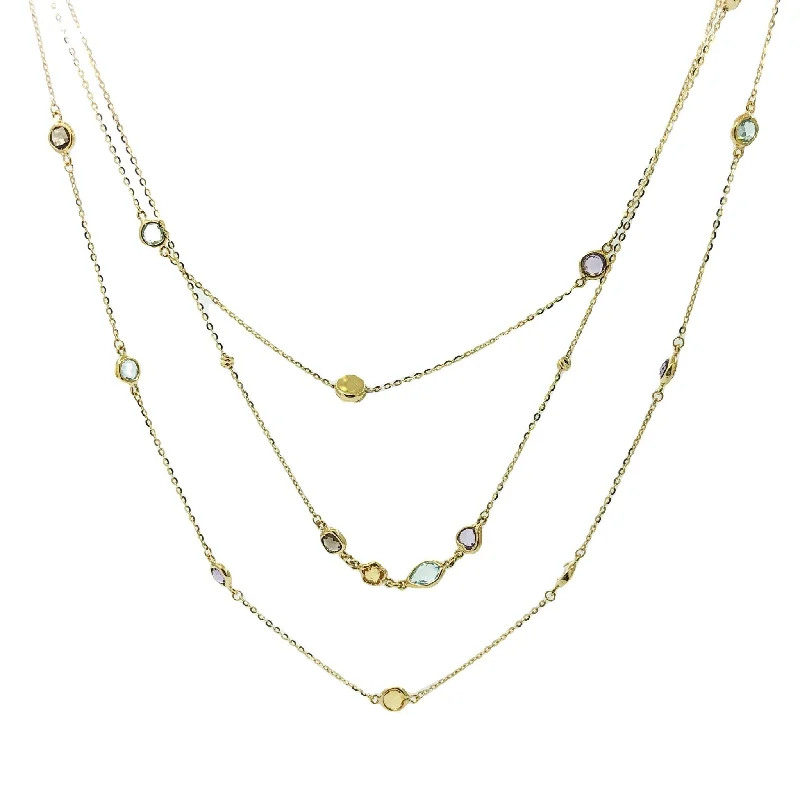 Adjustable chain necklace for women-14K Y Gold Blue Topaz, Citrine & Amethyst Triple Strand Necklace