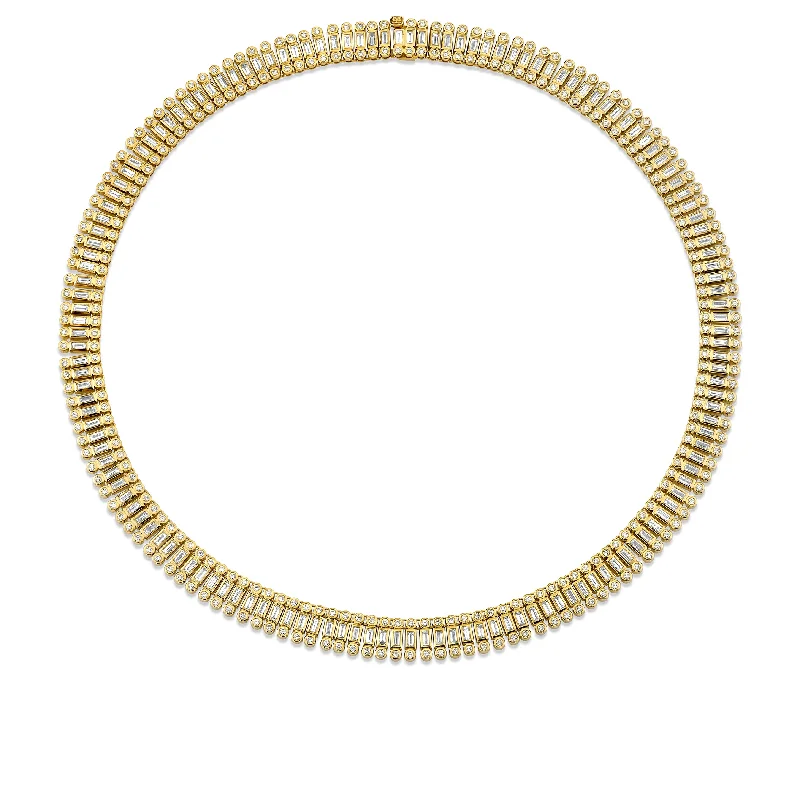 Diamond chain necklace for women-Gold & Diamond Stacked Baguette and Round Bezel Necklace