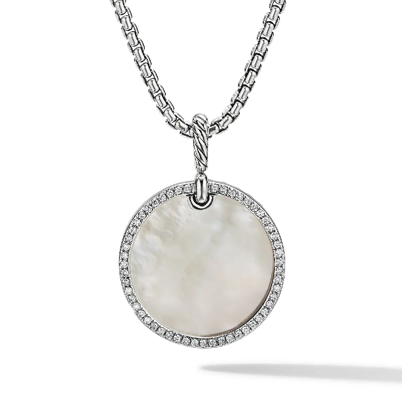 Large pendant necklace for women-DY Elements® Disc Pendant in Sterling Silver with Mother of Pearl and Diamond Rim\, 24mm