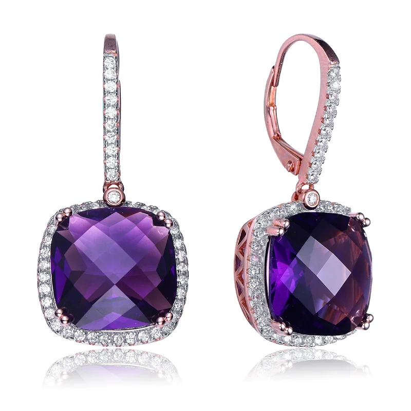 Vintage earrings for women-Sterling Silver Purple Cubic Zirconia Square Drop Earrings