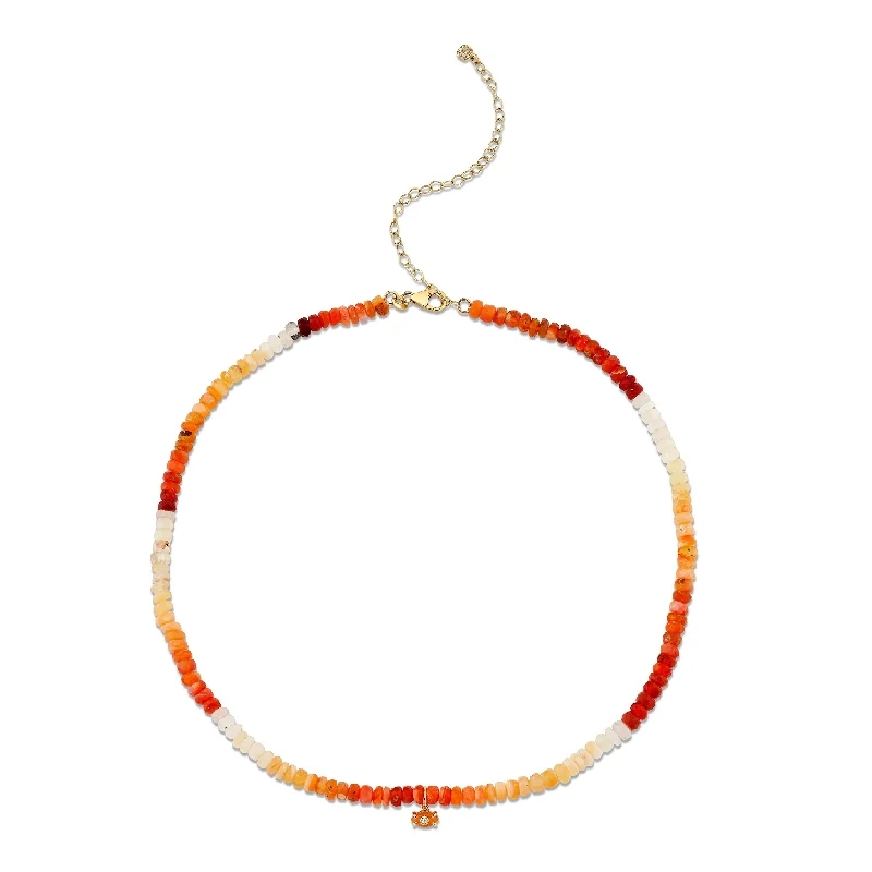 Minimalist necklace for women-Gold & Diamond Tiny Carved Stone Fire Opal Necklace