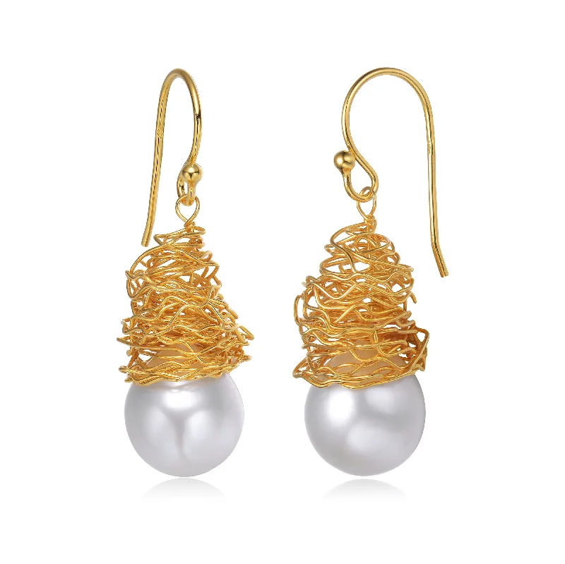 Gold drop earrings for women-Delphine Golden Pearl Nest Earrings