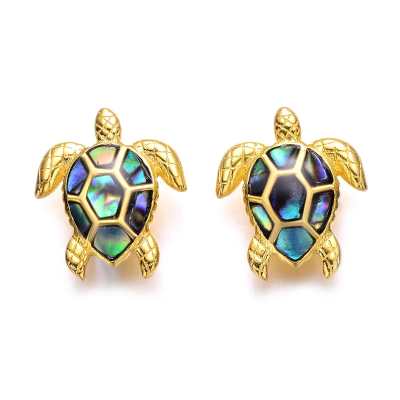 Colored crystal earrings for women-Sterling Silver 14k Yellow Gold Plated with Shimmering Abalone Shell Inlay Sea Turtle Stud Earrings