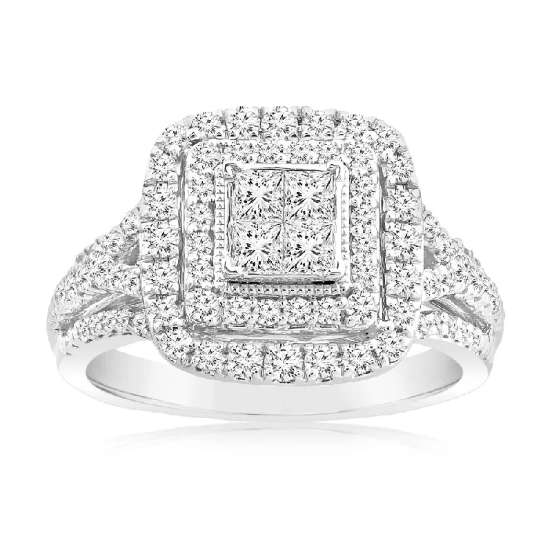 Wedding band engagement ring for women-0.95 Carat Diamond Cushion Cluster Ring in 14ct White Gold