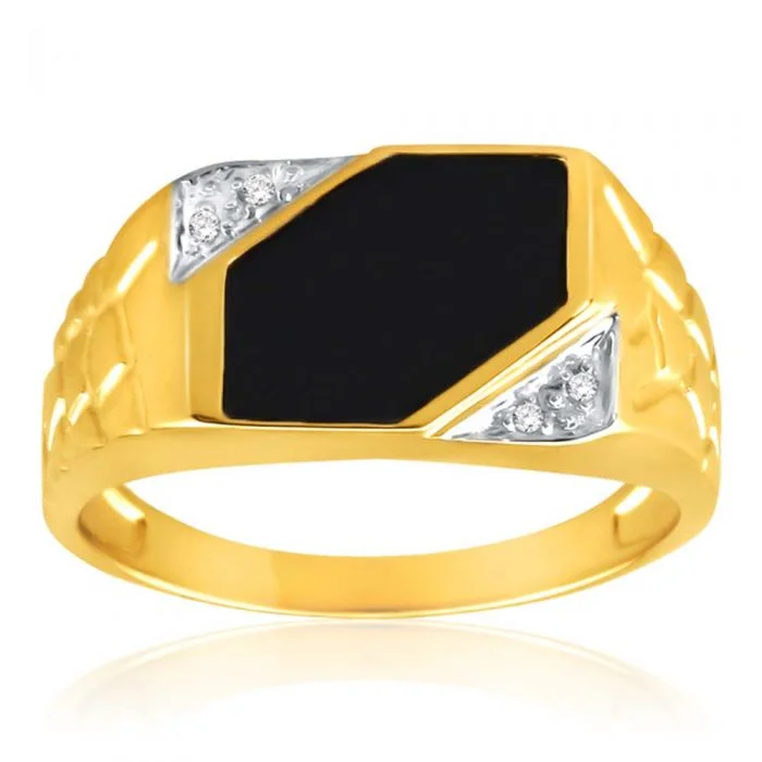 Custom engagement ring set for women-9ct Yellow Gold Plain Onyx and Diamond Patterned Side Gents Ring