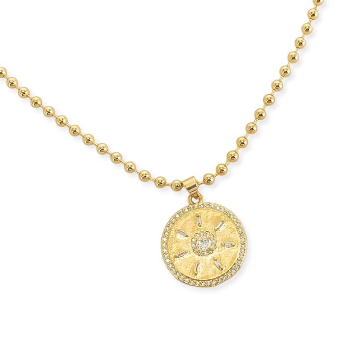 Unique necklace for women-Brass YGP 24" 4mm Bead Necklace With Sunburst CZ Medallion