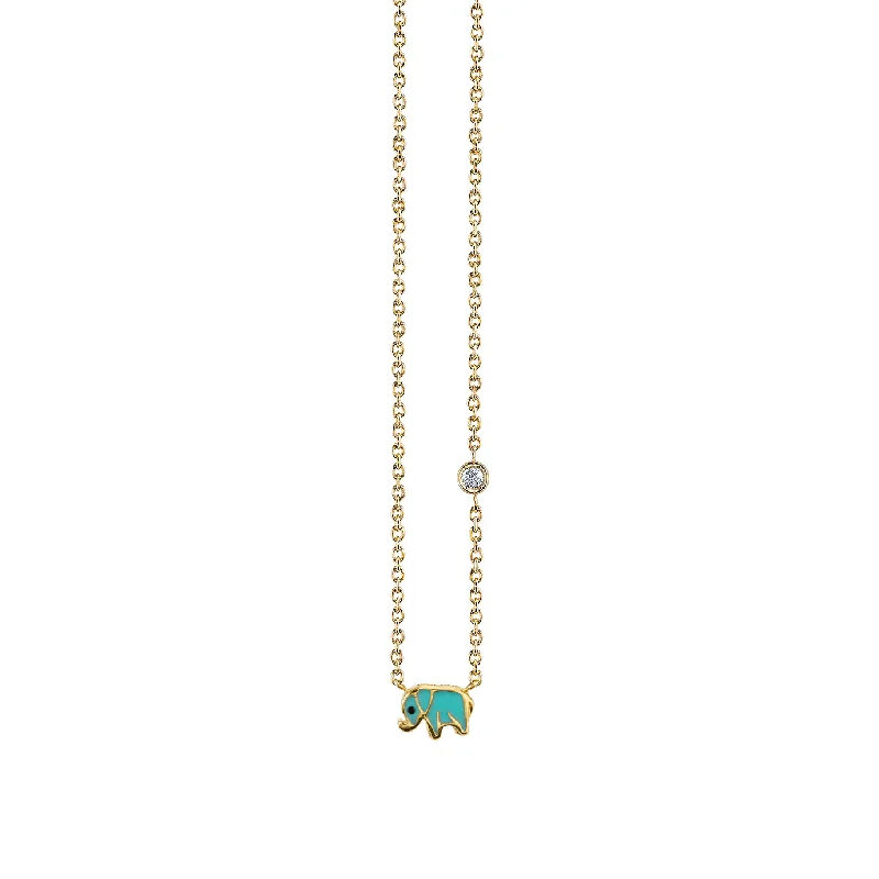 Classic pearl necklace for women-Gold & Turquoise Mini Enamel Elephant Necklace with Bezel Set Diamond