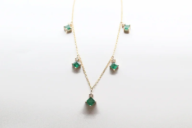 Unique necklace for women-Yellow Gold Emerald and Diamond Station Necklace