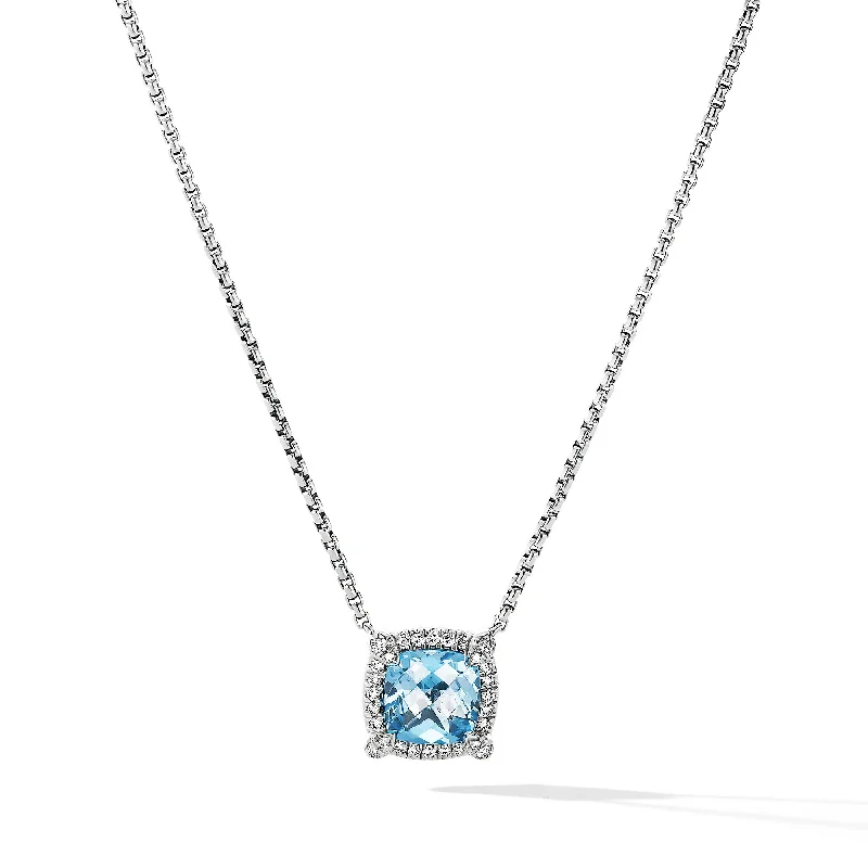 Affordable necklace for women-Petite Chatelaine® Pavé Bezel Pendant Necklace in Sterling Silver with Blue Topaz and Diamonds\, 7mm