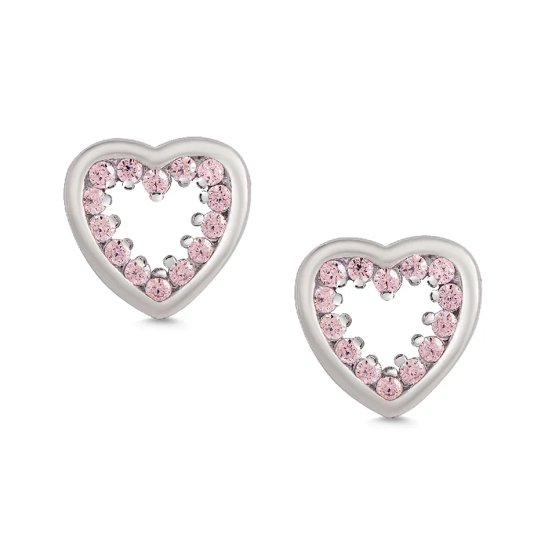 Pearl earrings for women-Inlaid Pink CZ Open Heart Stud Earrings in Sterling Silver