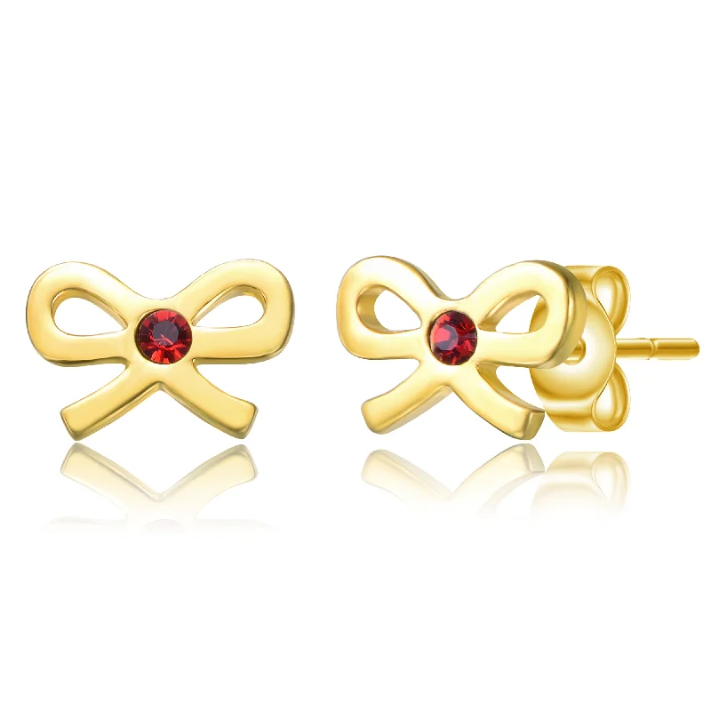 Colored gemstone earrings for women-14k Gold Plated Red Velvet Cubic Zirconia Ribbon Bow Tie Stud Earrings