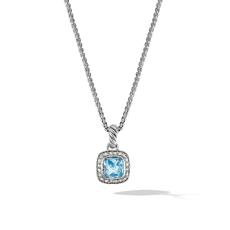 Statement gemstone necklace for women-Petite Albion® Pendant Necklace in Sterling Silver with Blue Topaz and Diamonds\, 7mm