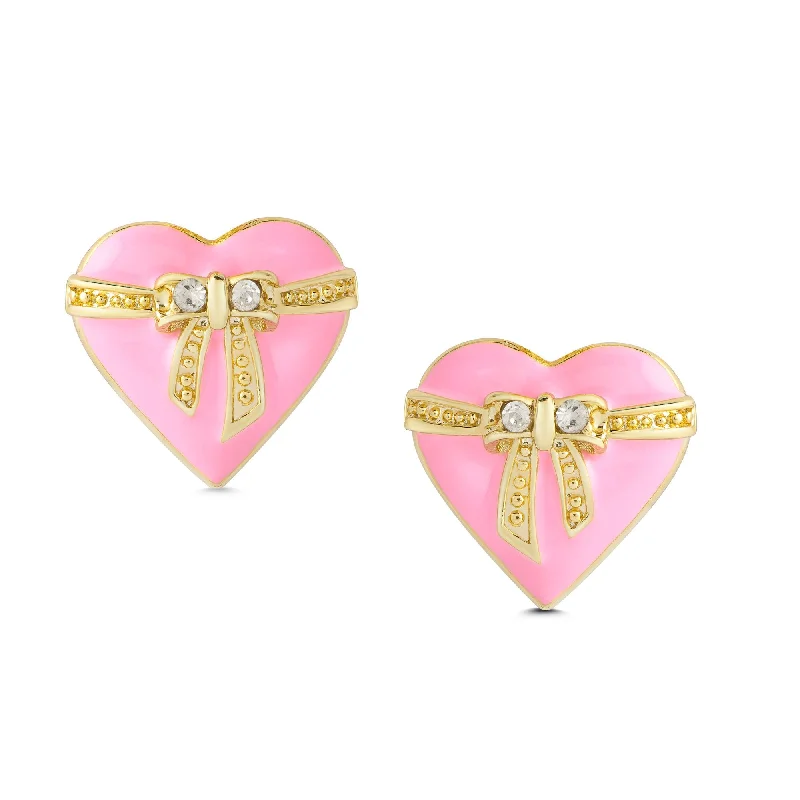 Sterling silver stud earrings for women-Heart & Ribbon Bow Stud Earrings