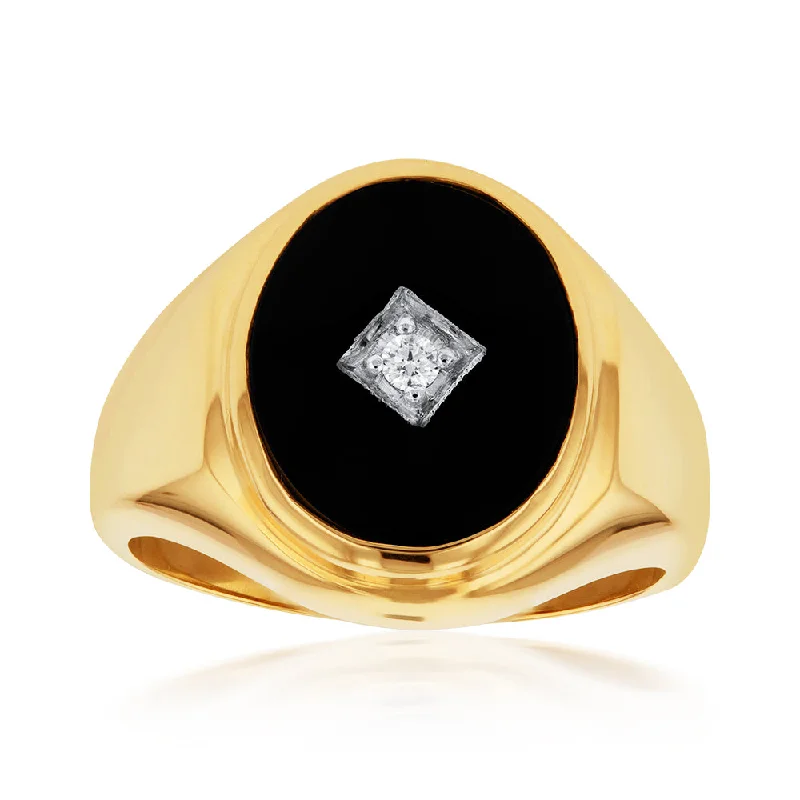 Ruby engagement ring for women-9ct Yellow Gold Black Onyx and Diamond Gents Ring