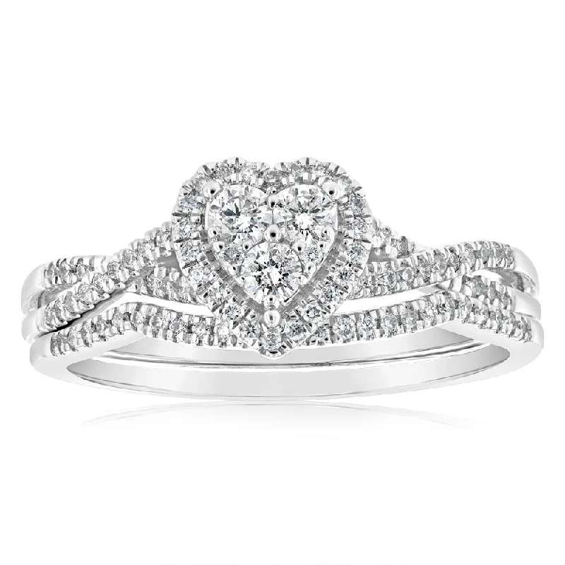 Luxury engagement ring for women-9ct White Gold 1/2 Carat Diamond Heart Shape 2-Ring Bridal set