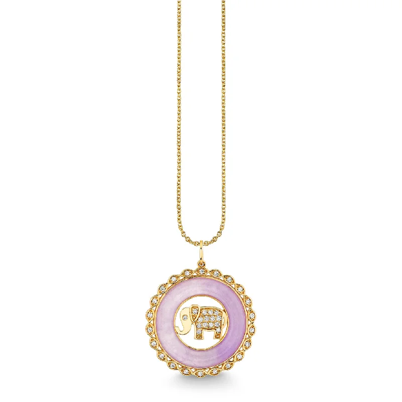 Precious metal necklace for women-Gold, Diamond & Lavender Jade Elephant Stone Pendant